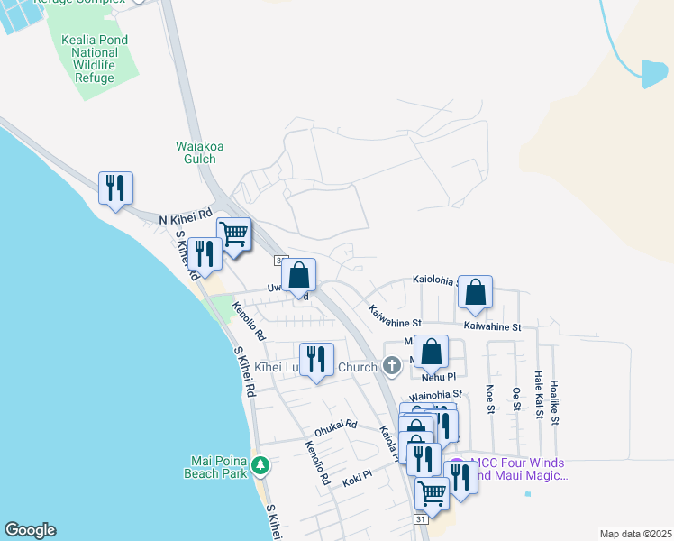 map of restaurants, bars, coffee shops, grocery stores, and more near 50 Kihalani Street in Kihei