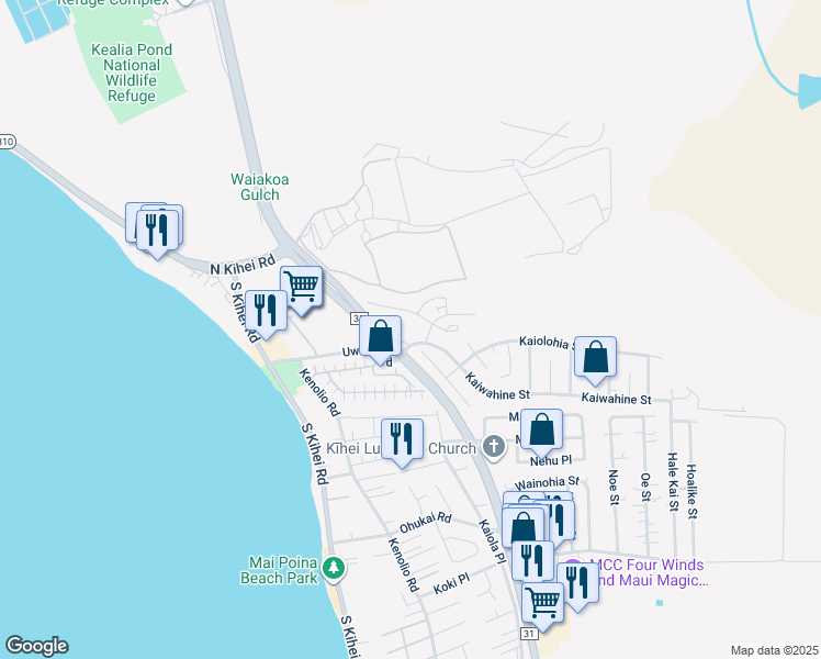 map of restaurants, bars, coffee shops, grocery stores, and more near 56 Kihalani Street in Kihei