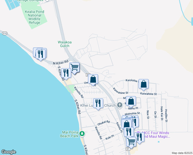 map of restaurants, bars, coffee shops, grocery stores, and more near 36 Kihalani Street in Kihei