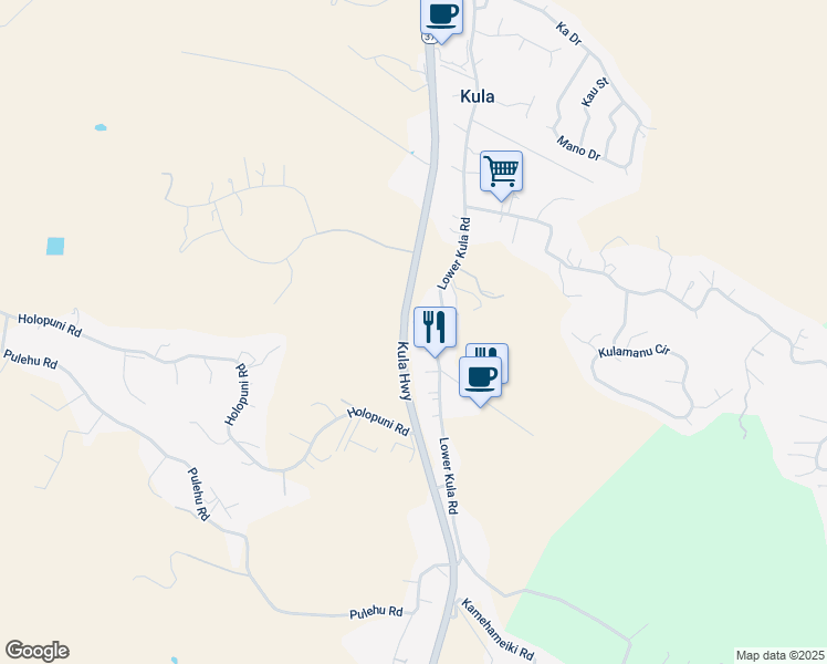 map of restaurants, bars, coffee shops, grocery stores, and more near 2724 Lower Kula Road in Kula