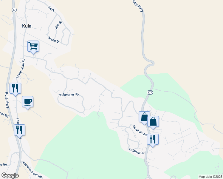 map of restaurants, bars, coffee shops, grocery stores, and more near 1009 Lower Kimo Drive in Kula