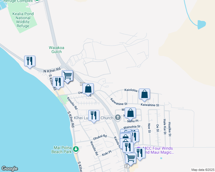 map of restaurants, bars, coffee shops, grocery stores, and more near 45 Kihalani Place in Kihei