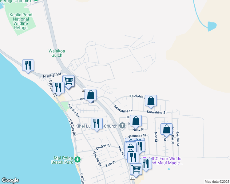map of restaurants, bars, coffee shops, grocery stores, and more near 48 Kihalani Place in Kihei