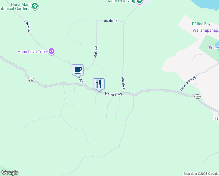 map of restaurants, bars, coffee shops, grocery stores, and more near 2925 Hana Highway in Hana