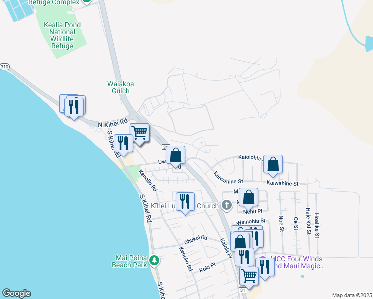 map of restaurants, bars, coffee shops, grocery stores, and more near 33 Kihalani Street in Kihei