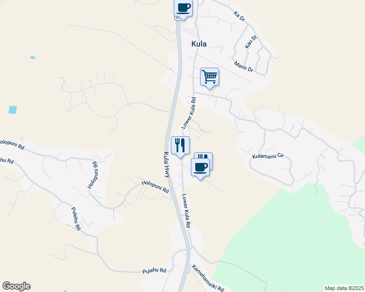 map of restaurants, bars, coffee shops, grocery stores, and more near 2705 Lower Kula Road in Kula