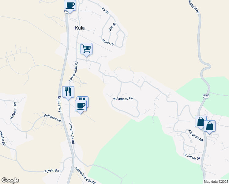 map of restaurants, bars, coffee shops, grocery stores, and more near 484 Lower Kimo Drive in Kula