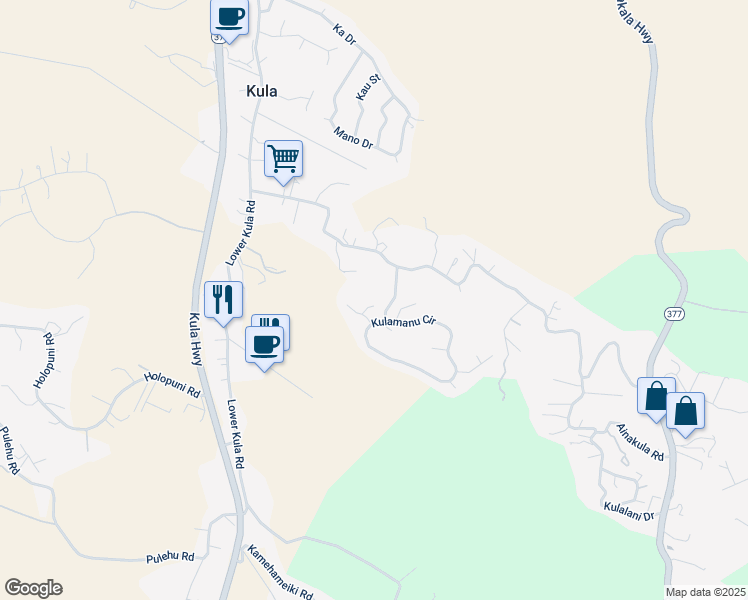 map of restaurants, bars, coffee shops, grocery stores, and more near 25 Paliuli Way in Kula