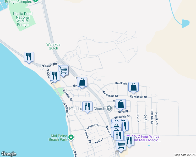 map of restaurants, bars, coffee shops, grocery stores, and more near 45 Kihalani Place in Kihei