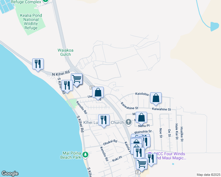 map of restaurants, bars, coffee shops, grocery stores, and more near 54 Kihalani Street in Kihei