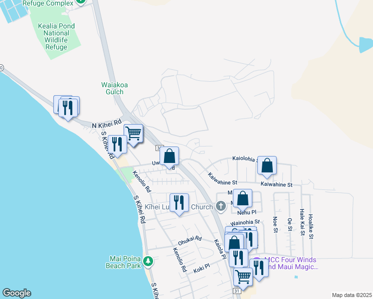 map of restaurants, bars, coffee shops, grocery stores, and more near 51 Kihalani Street in Kihei