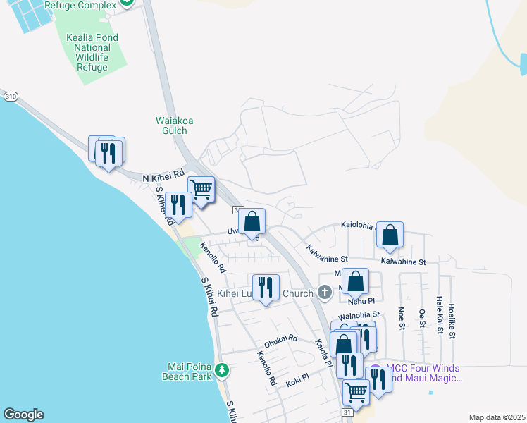map of restaurants, bars, coffee shops, grocery stores, and more near 58 Kihalani Street in Kihei