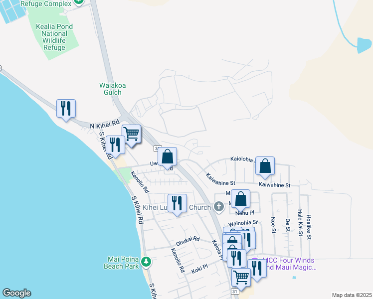 map of restaurants, bars, coffee shops, grocery stores, and more near 50 Kihalani Street in Kihei