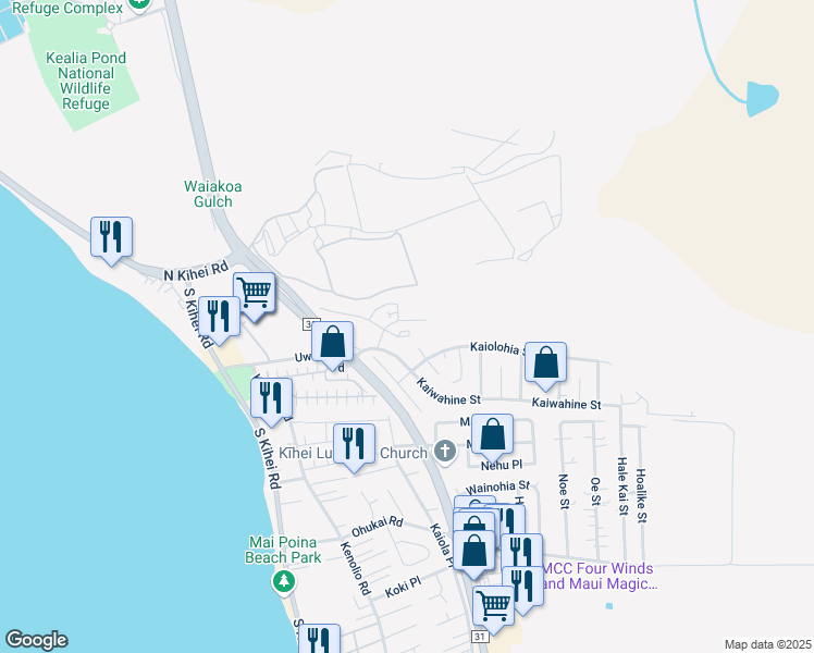 map of restaurants, bars, coffee shops, grocery stores, and more near 49 Kihalani Place in Kihei