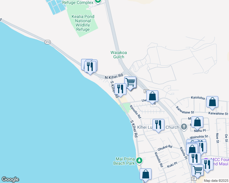 map of restaurants, bars, coffee shops, grocery stores, and more near 0 South Kihei Road in Kihei