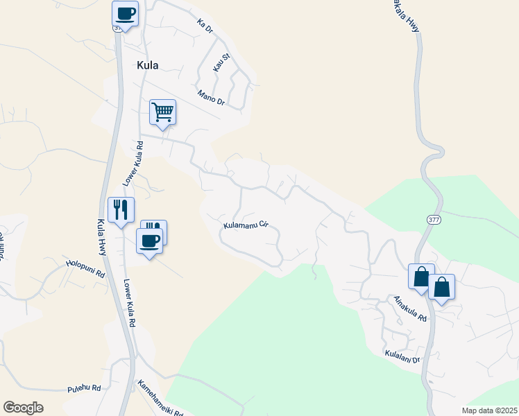 map of restaurants, bars, coffee shops, grocery stores, and more near 45 Uau Place in Kula
