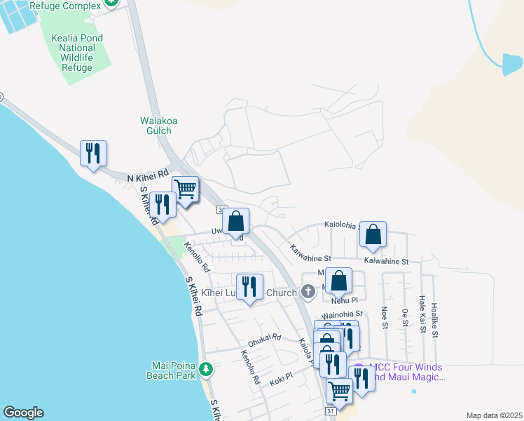 map of restaurants, bars, coffee shops, grocery stores, and more near 56 Kihalani Street in Kihei