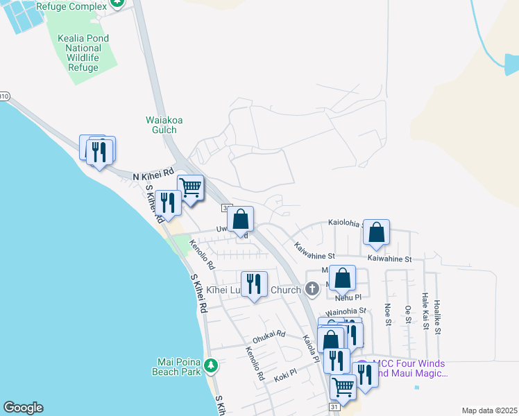 map of restaurants, bars, coffee shops, grocery stores, and more near 33 Kihalani Street in Kihei
