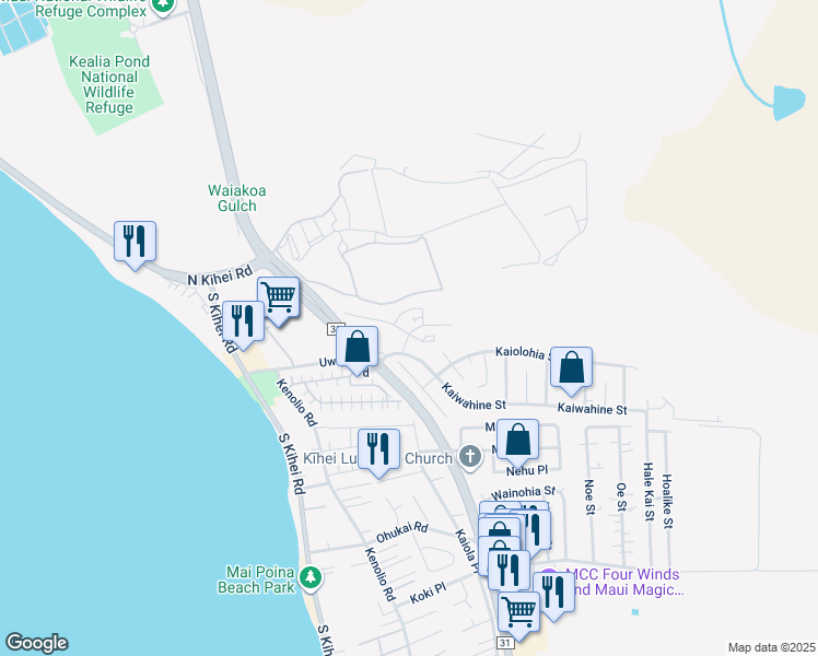 map of restaurants, bars, coffee shops, grocery stores, and more near 50 Kihalani Street in Kihei