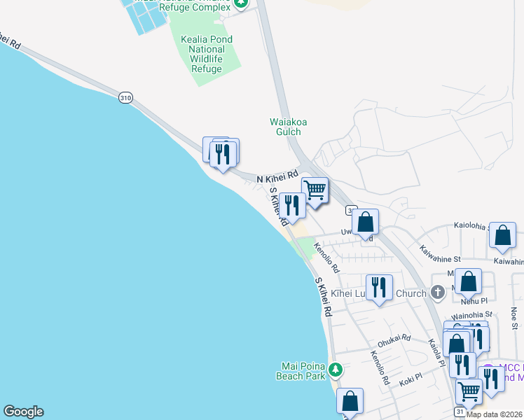 map of restaurants, bars, coffee shops, grocery stores, and more near 12 South Kihei Road in Kihei