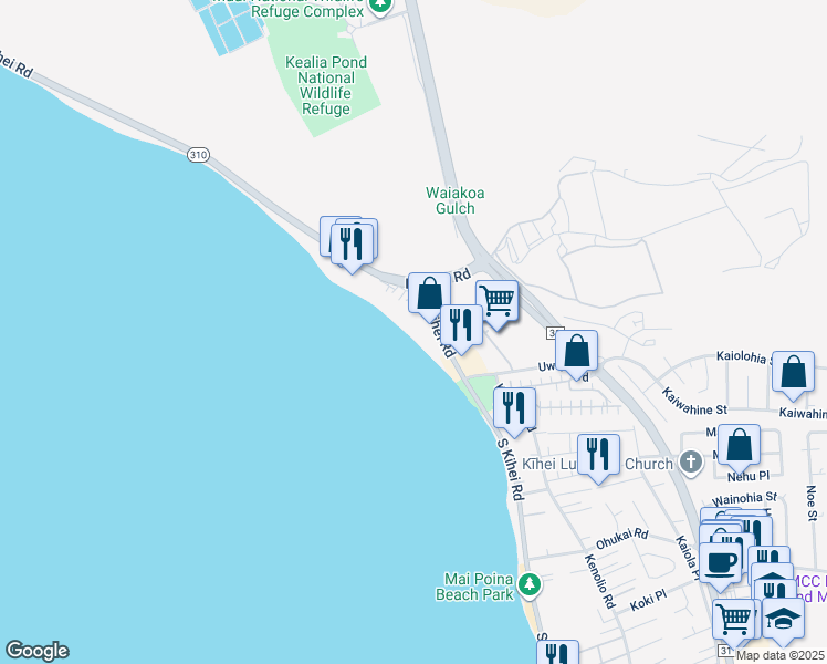 map of restaurants, bars, coffee shops, grocery stores, and more near 12 South Kihei Road in Kihei
