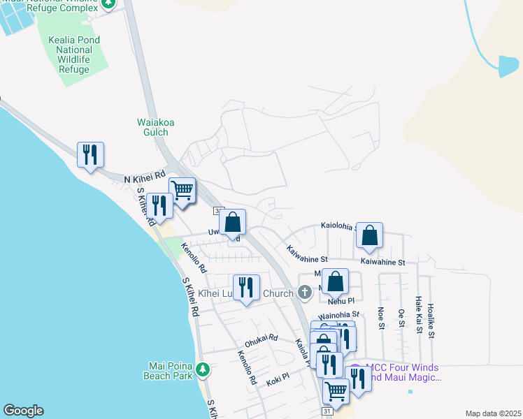 map of restaurants, bars, coffee shops, grocery stores, and more near 51 Kihalani Street in Kihei
