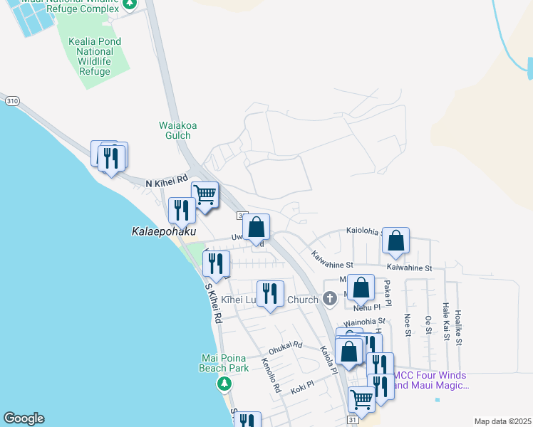 map of restaurants, bars, coffee shops, grocery stores, and more near 36 Kihalani Street in Kihei