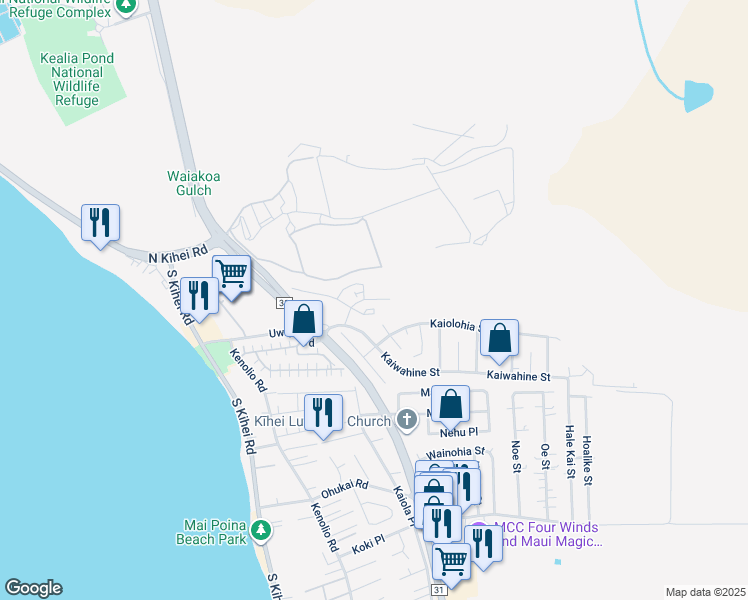 map of restaurants, bars, coffee shops, grocery stores, and more near 49 Kihalani Place in Kihei
