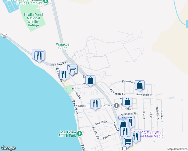 map of restaurants, bars, coffee shops, grocery stores, and more near 36 Kihalani Street in Kihei