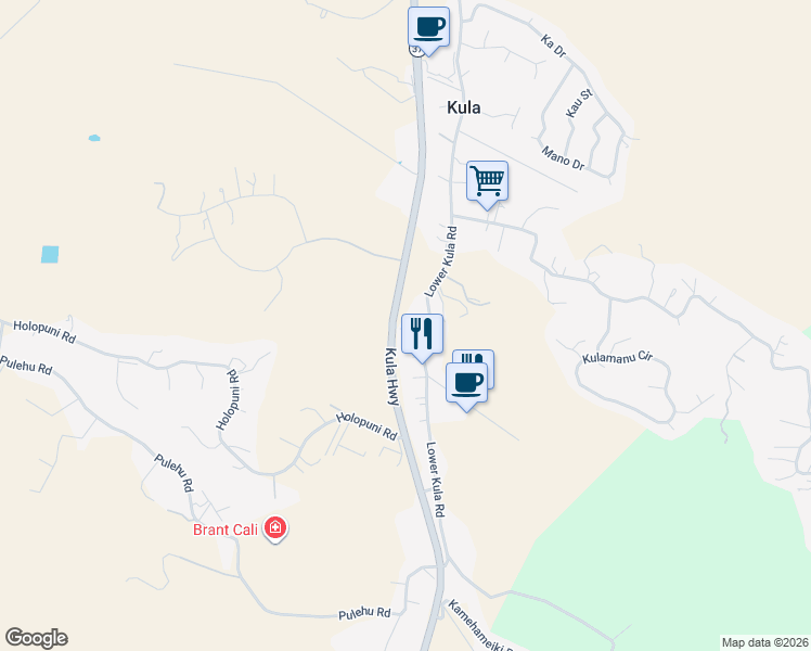 map of restaurants, bars, coffee shops, grocery stores, and more near 2550 Lower Kula Road in Kula