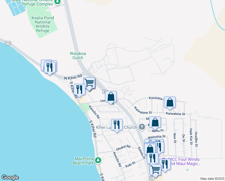 map of restaurants, bars, coffee shops, grocery stores, and more near 38 Kihalani Street in Kihei