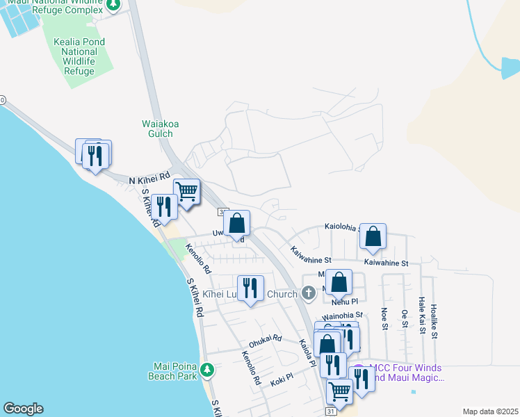 map of restaurants, bars, coffee shops, grocery stores, and more near 33 Kihalani Street in Kihei