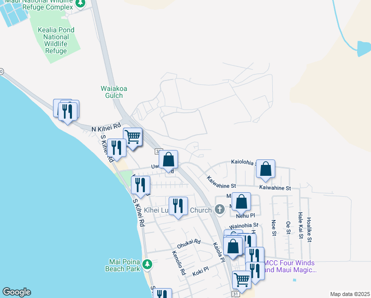 map of restaurants, bars, coffee shops, grocery stores, and more near 58 Kihalani Street in Kihei