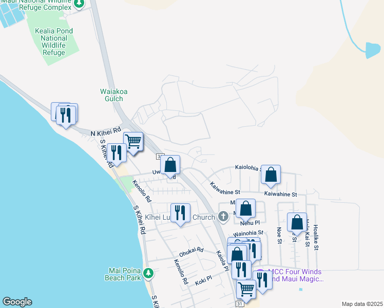 map of restaurants, bars, coffee shops, grocery stores, and more near 50 Kihalani Street in Kihei
