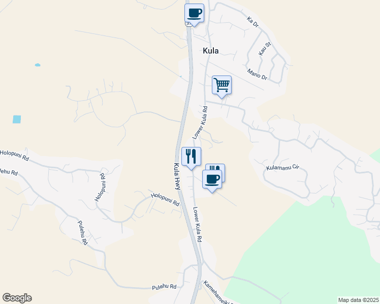 map of restaurants, bars, coffee shops, grocery stores, and more near 2662 Lower Kula Road in Kula