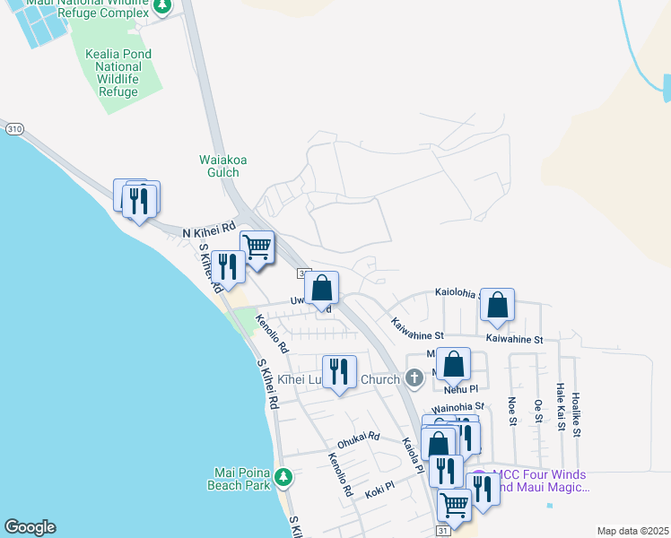 map of restaurants, bars, coffee shops, grocery stores, and more near 57 Kihalani Street in Kihei