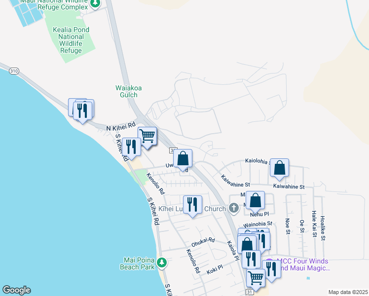 map of restaurants, bars, coffee shops, grocery stores, and more near 44 Kihalani Place in Kihei