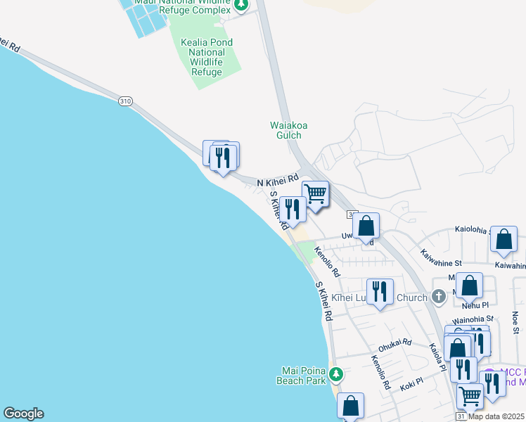 map of restaurants, bars, coffee shops, grocery stores, and more near 12 South Kihei Road in Kihei