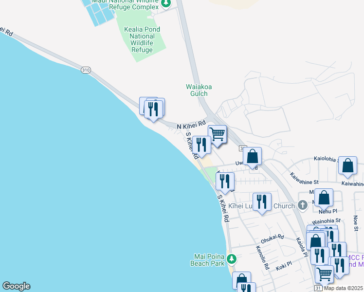 map of restaurants, bars, coffee shops, grocery stores, and more near 12 South Kihei Road in Kihei