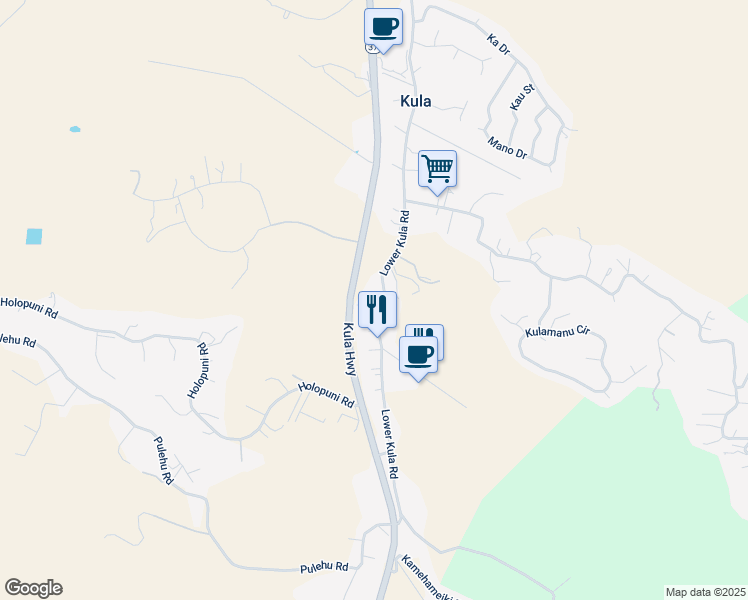 map of restaurants, bars, coffee shops, grocery stores, and more near 2662 Lower Kula Road in Kula