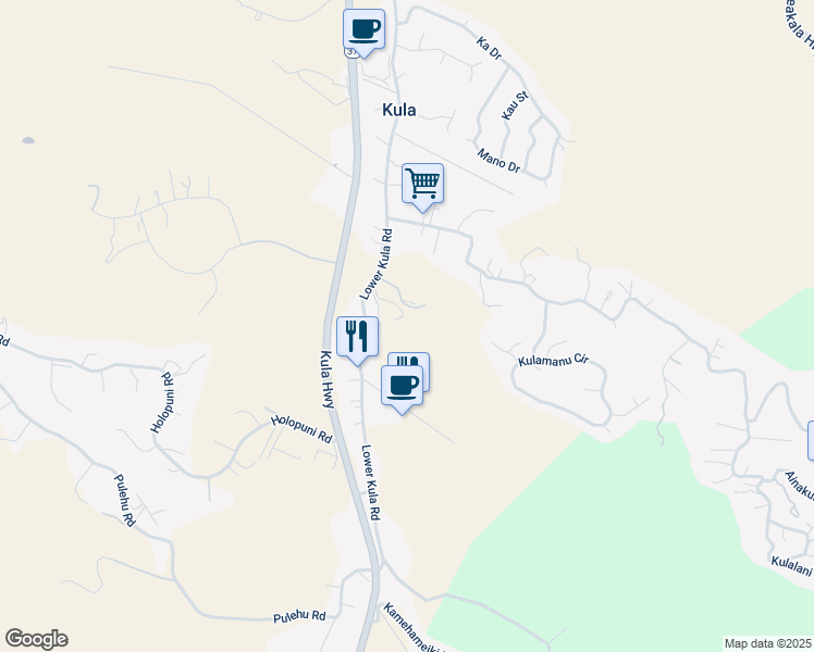 map of restaurants, bars, coffee shops, grocery stores, and more near 2533 Lower Kula Road in Kula