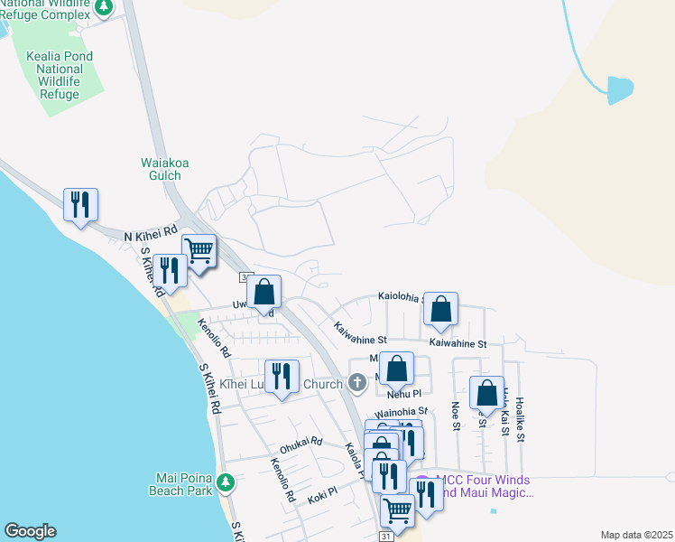map of restaurants, bars, coffee shops, grocery stores, and more near 49 Kihalani Place in Kihei