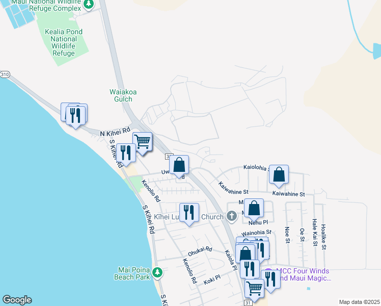 map of restaurants, bars, coffee shops, grocery stores, and more near 54 Kihalani Street in Kihei