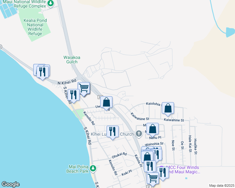 map of restaurants, bars, coffee shops, grocery stores, and more near 50 Kihalani Street in Kihei