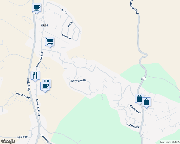 map of restaurants, bars, coffee shops, grocery stores, and more near 688 Lower Kimo Drive in Kula
