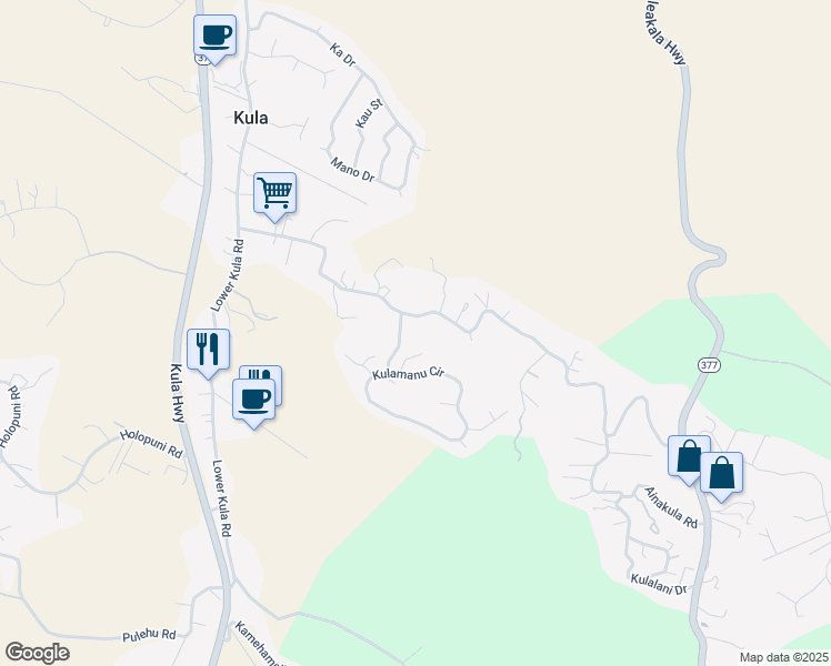 map of restaurants, bars, coffee shops, grocery stores, and more near 0 Lower Kimo Drive in Kula