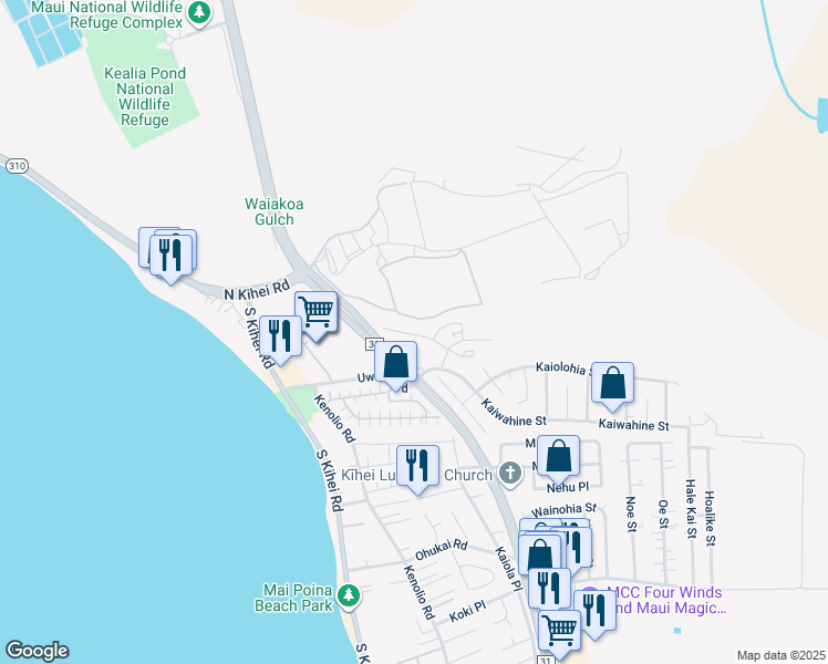 map of restaurants, bars, coffee shops, grocery stores, and more near 58 Kihalani Street in Kihei