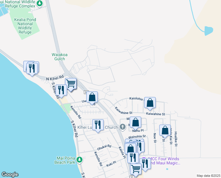 map of restaurants, bars, coffee shops, grocery stores, and more near 69 Piilaniwahine loop in Kihei