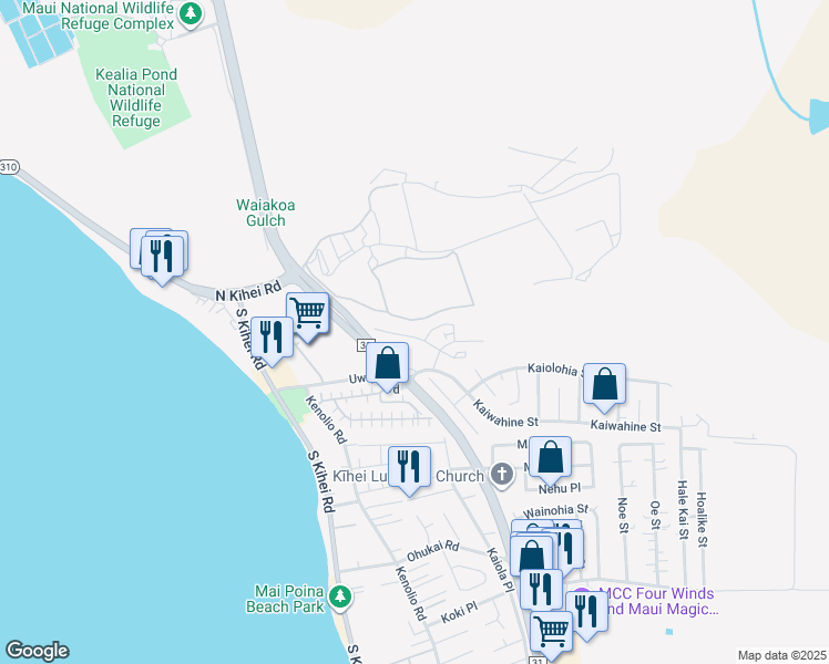 map of restaurants, bars, coffee shops, grocery stores, and more near 50 Kihalani Street in Kihei