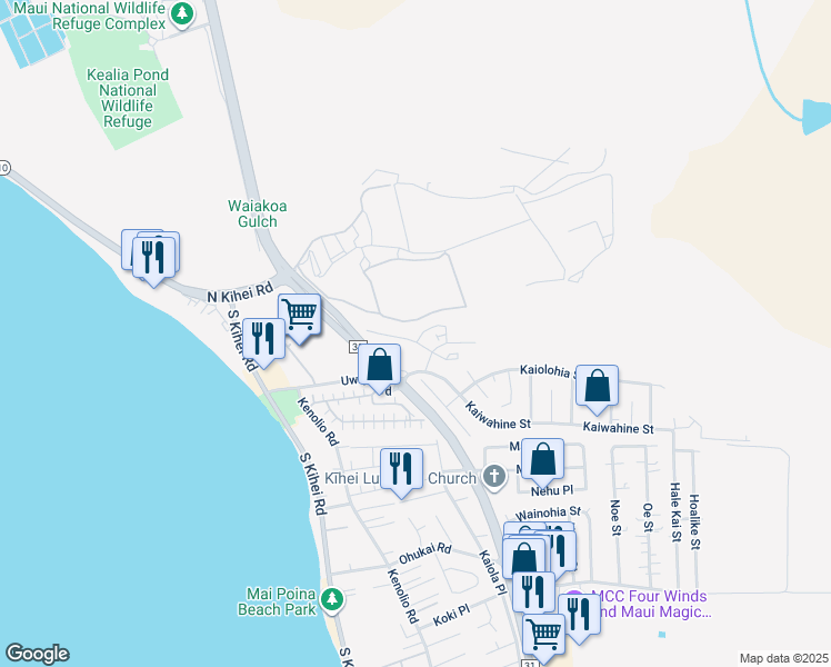 map of restaurants, bars, coffee shops, grocery stores, and more near 54 Kihalani Street in Kihei
